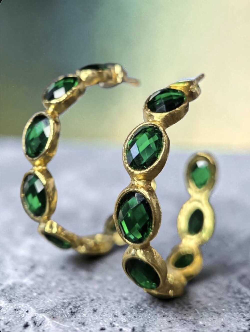 Gold Hoop Earrings with Emerald Green Faceted Stones